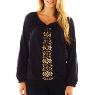 St. Johns Bay Embroidered Peasant Top   Plus, Williamsburg Navy