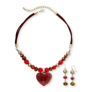 Red Glass Bead Heart Pendant Necklace and Drop Earrings Boxed Set