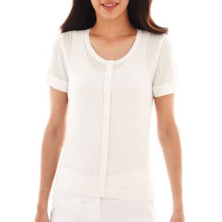 LIZ CLAIBORNE Short Sleeve Pointelle Cardigan Sweater, White, Womens