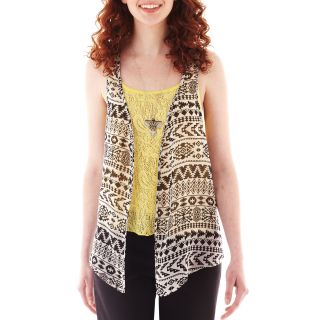 Spoiled Open Front Racerback Cardigan, Tank Top and Necklace, Blk/wht/lemon,