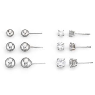 Sterling Silver 6 Pair Stud Earring Set, Womens