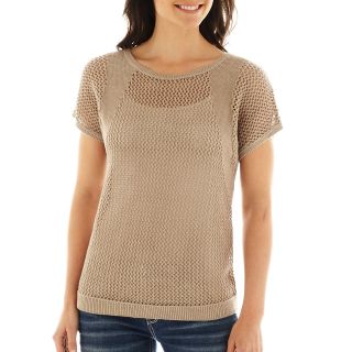 A.N.A Short Sleeve Open Knit Crewneck Sweater, Colonial Cobblesto, Womens