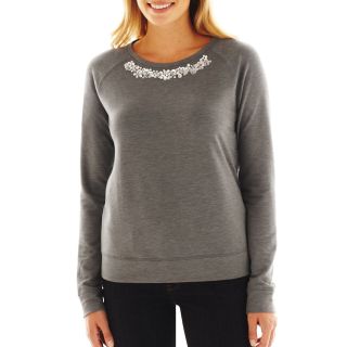 Jewel Neck Embellished Sweatshirt, Grey, Womens