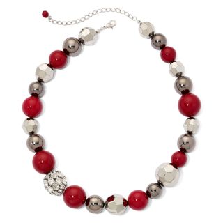 Silver Tone & Red Fireball Bead Necklace