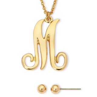 LIZ CLAIBORNE Gold Tone Initial M Pendant & Stud Earrings Boxed Set