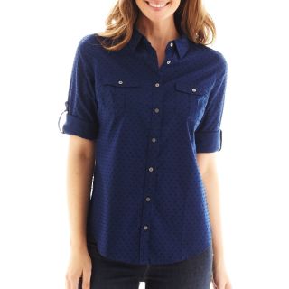 St. Johns Bay St. John s Bay Clip Dot Roll Sleeve Campshirt   Tall, Amer Navy