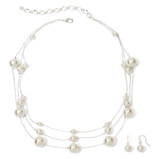 Vieste Silver Tone Pearlized Glass Bead 3 Row Necklace and Earring Set, White
