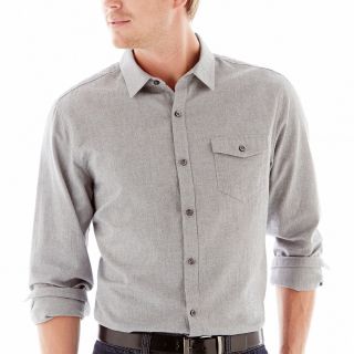 CLAIBORNE Herringbone Patterned Button Front Shirt, Dark Charcoal Htr, Mens