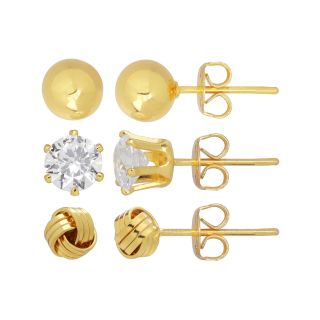 Bridge Jewelry 18K Gold Plated 3 pr. Cubic Zirconia, Ball & Knot Earring Set