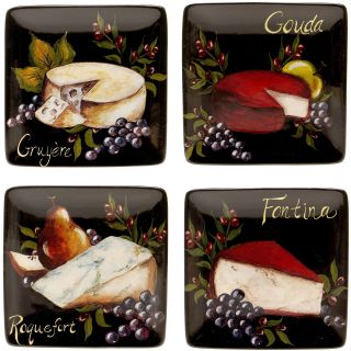 Wine & Cheese Party Set of 4 Earthenware Square Canapé Plates
