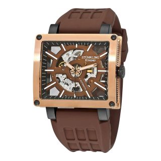 STUHRLING Mens Brown Rubber Strap Square Case Skeleton Automatic Watch