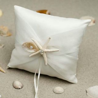 Beach Themed Starfish Design White Satin Ring Pillow