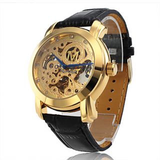 Mens Auto Mechanical Elegant Hollow Gold Dial PU Band Wrist Watch (Assorted Colors)