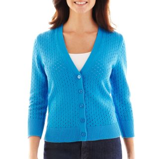 LIZ CLAIBORNE 3/4 Sleeve Pointelle Cardigan Sweater, Blue, Womens