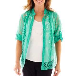 Alfred Dunner Beekman Place Layered Burnout Shirt with Necklace, Jade