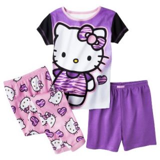 Hello Kitty Girls 3 Piece Short Sleeve Pajama Set   Purple 8