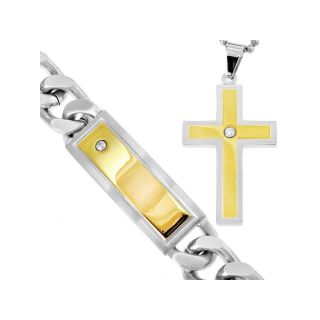 Stainless Steel & Cubic Zirconia Cross Pendant & Bracelet Set, Twotone