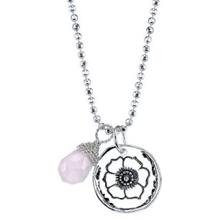 Silver Flower Disk With Wrap Stone Necklace   Red