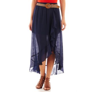 By & By Belted Ruffle Front High Low Gauze Skirt, Navy, Womens