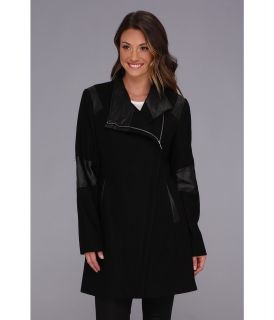 Calvin Klein Asymmetrical Coat w/ Faux Leather Trim CW385990 Womens Coat (Black)