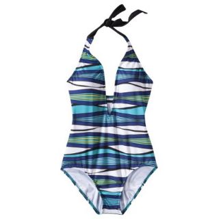 Clean Water Womens Stripe 1 Piece Swimsuit  Blue L