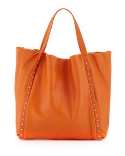 Stud Trimmed Slouchy Italian Leather Tote Bag, Bright Orange