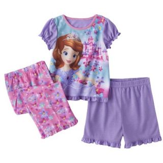 Disney Sofia the First Toddler Girls 3 Piece Short Sleeve Pajama Set   Purple