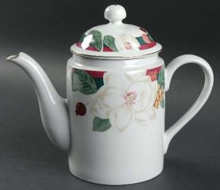 Tienshan Magnolia Teapot & Lid, Fine China Dinnerware   Red & Green Bands,White