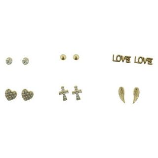 Set of 6 Stud Earrings with Love Cross Wings and Heart   Gold/Crystal