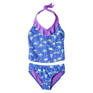 Girls 2 Piece Halter Flamingo Tankini Swimsuit Set   Blue XL