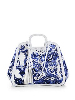 Ralph Lauren Collection Printed Canvas Horseshoe Handle Tote   Blue White