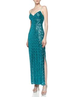Thin Strap Empire Sequin Gown, Turquoise