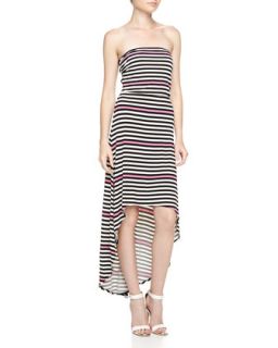 Strapless Mixed Stripe High Low Maxi Dress, Neon Pink