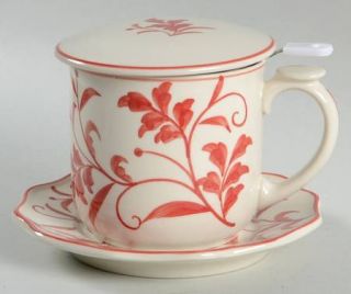 Sadek Red Leaf Mug with Lid, Saucer & Strainer Set, Fine China Dinnerware   Red
