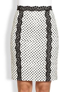 Oscar de la Renta Lace Trimmed Dot Pencil Skirt   White Black