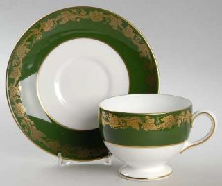 Wedgwood Whitehall Arris Green Rim Leigh Shape Footed Cup & Saucer Set, Fine Chi
