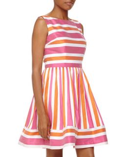 Striped Shantung Fit And Flare Dress, Strawberry/Orange