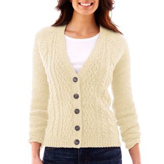 St. Johns Bay St. John s Bay Cable Knit Button Front Cardigan   Petite, Stone,