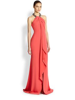 Carmen Marc Valvo Toga Necklace Gown   Coral