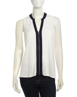 Two Tone Zip Front Top, Navy/White