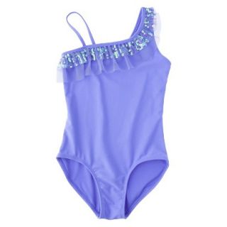 Girls 1 Piece Ruffled Asymmetrical Swimsuit   Purple XL