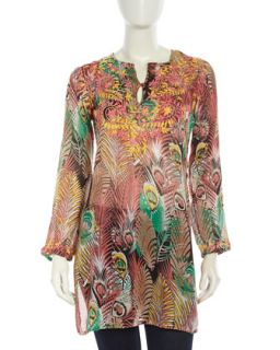 Floral Embroidered Peacock Feather Print Tunic, Orange/Teal