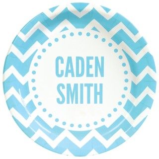 Chevron Blue Personalized Text Dinner Plates (8)