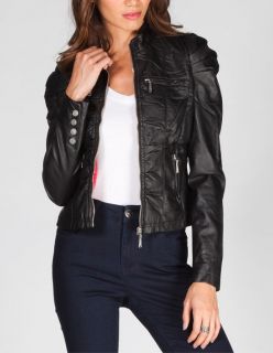 Womens Pleated Sleeve Faux Leather Jacket Black In Sizes Medium, Large,