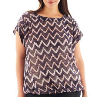A.N.A Tab Sleeve Woven Banded Top   Plus, Rose Cloud Zigzag