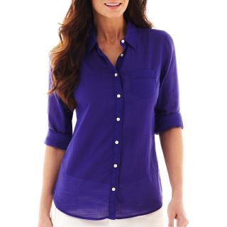 Roll Sleeve Relaxed Fit Button Front Shirt, Vibrant Violet