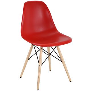 Red Plastic Side Chair With Wooden Base
