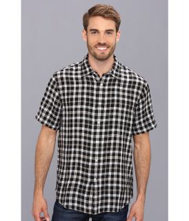 Perry Ellis Short Sleeve Box Plaid Linen Shirt Mens Short Sleeve Button Up (Black)