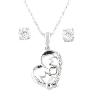 Sterling Silver Cubic Zirconia Mom Necklace And Stud Earrings   Silver/White