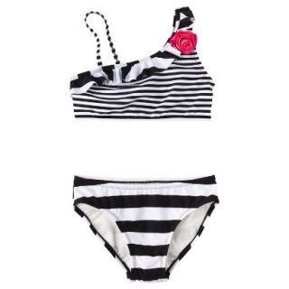 Girls 2 Piece Asymmetrical Striped Bikini Swimsuit Set   Black/White S